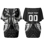 Maori Rugby Custom Ngaru Mangopare Couples Matching Off Shoulder Short Dress and Hawaiian Shirt Black Whetu Niho Taniwha Motif