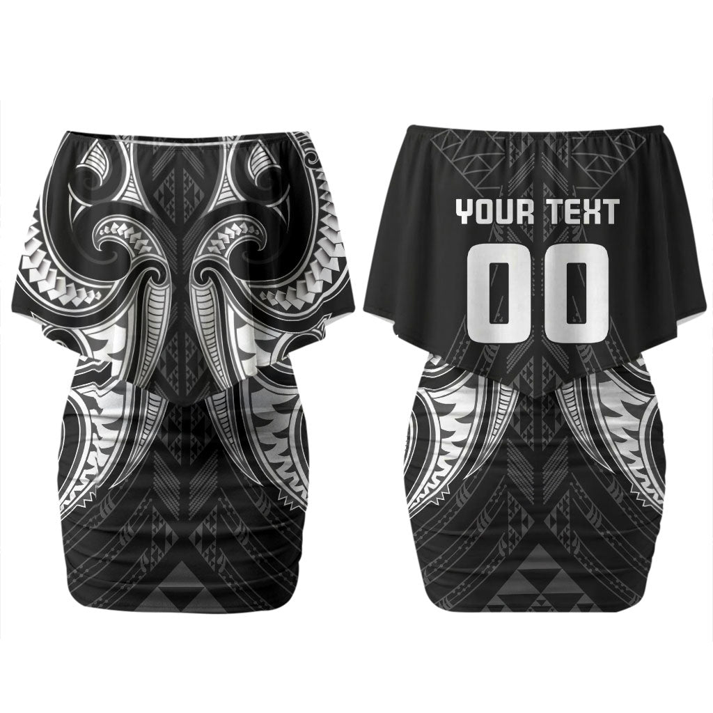 Maori Rugby Custom Ngaru Mangopare Couples Matching Off Shoulder Short Dress and Hawaiian Shirt Black Whetu Niho Taniwha Motif