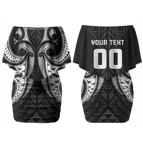 Maori Rugby Custom Ngaru Mangopare Couples Matching Off Shoulder Short Dress and Hawaiian Shirt Black Whetu Niho Taniwha Motif