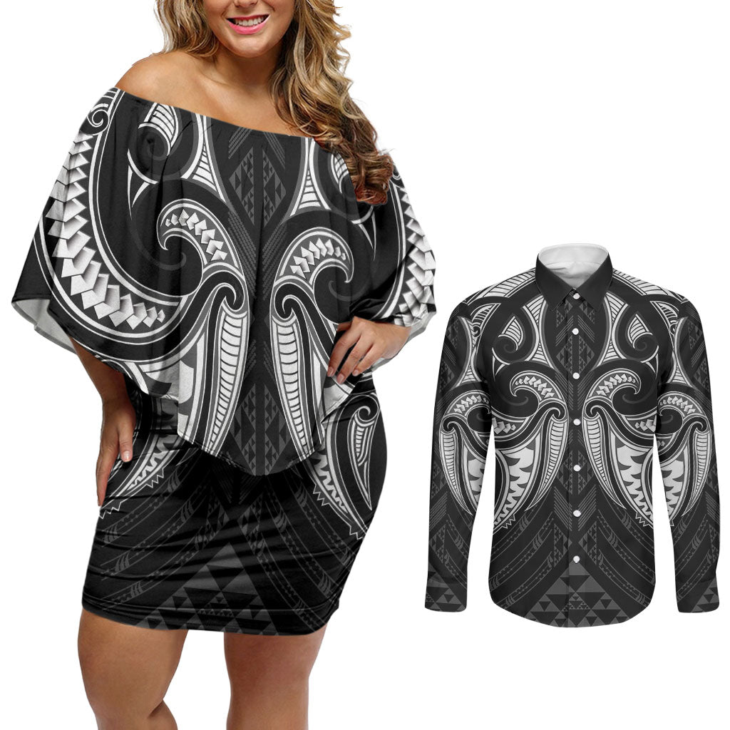 Maori Rugby Custom Ngaru Mangopare Couples Matching Off Shoulder Short Dress and Long Sleeve Button Shirt Black Whetu Niho Taniwha Motif