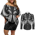 Maori Rugby Custom Ngaru Mangopare Couples Matching Off Shoulder Short Dress and Long Sleeve Button Shirt Black Whetu Niho Taniwha Motif