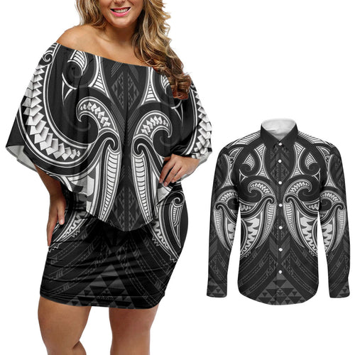 Maori Rugby Custom Ngaru Mangopare Couples Matching Off Shoulder Short Dress and Long Sleeve Button Shirt Black Whetu Niho Taniwha Motif