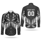 Maori Rugby Custom Ngaru Mangopare Couples Matching Off Shoulder Short Dress and Long Sleeve Button Shirt Black Whetu Niho Taniwha Motif