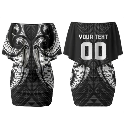 Maori Rugby Custom Ngaru Mangopare Couples Matching Off Shoulder Short Dress and Long Sleeve Button Shirt Black Whetu Niho Taniwha Motif