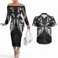 Maori Rugby Custom Ngaru Mangopare Couples Matching Off The Shoulder Long Sleeve Dress and Hawaiian Shirt Black Whetu Niho Taniwha Motif