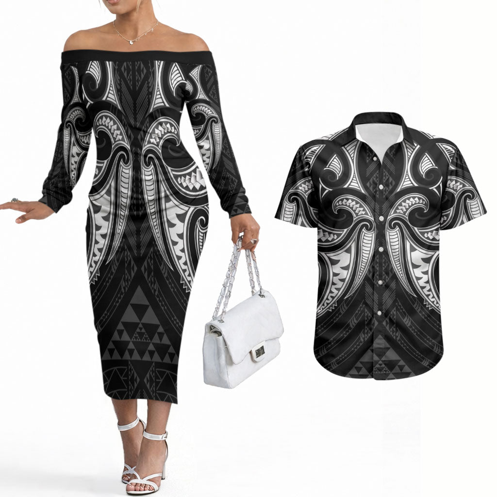 Maori Rugby Custom Ngaru Mangopare Couples Matching Off The Shoulder Long Sleeve Dress and Hawaiian Shirt Black Whetu Niho Taniwha Motif