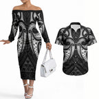 Maori Rugby Custom Ngaru Mangopare Couples Matching Off The Shoulder Long Sleeve Dress and Hawaiian Shirt Black Whetu Niho Taniwha Motif