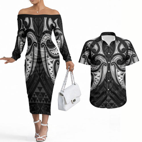 Maori Rugby Custom Ngaru Mangopare Couples Matching Off The Shoulder Long Sleeve Dress and Hawaiian Shirt Black Whetu Niho Taniwha Motif