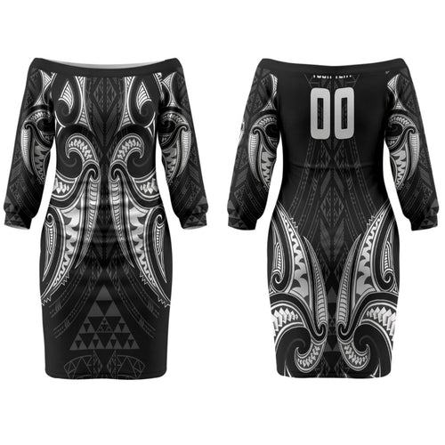Maori Rugby Custom Ngaru Mangopare Couples Matching Off The Shoulder Long Sleeve Dress and Hawaiian Shirt Black Whetu Niho Taniwha Motif