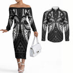Maori Rugby Custom Ngaru Mangopare Couples Matching Off The Shoulder Long Sleeve Dress and Long Sleeve Button Shirt Black Whetu Niho Taniwha Motif