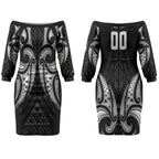 Maori Rugby Custom Ngaru Mangopare Couples Matching Off The Shoulder Long Sleeve Dress and Long Sleeve Button Shirt Black Whetu Niho Taniwha Motif