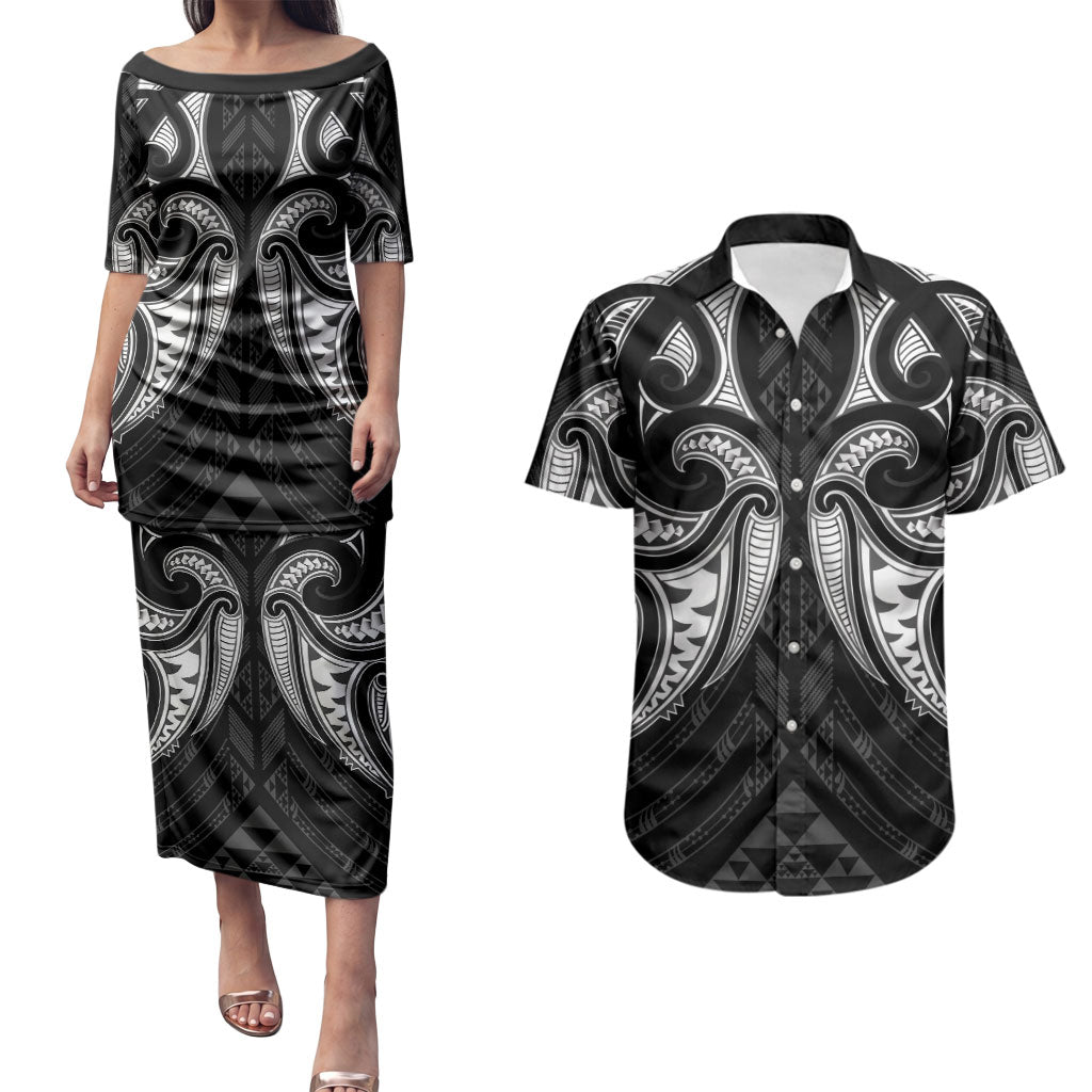 Maori Rugby Custom Ngaru Mangopare Couples Matching Puletasi and Hawaiian Shirt Black Whetu Niho Taniwha Motif