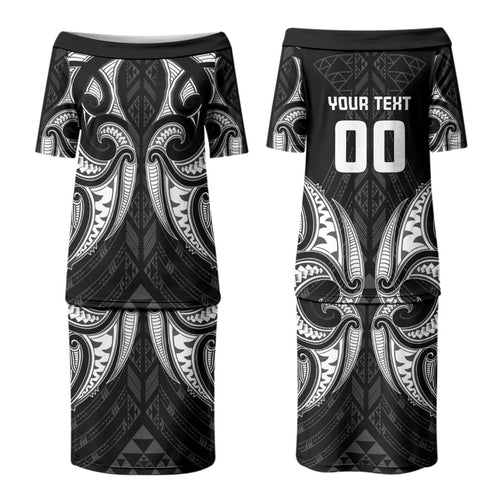 Maori Rugby Custom Ngaru Mangopare Couples Matching Puletasi and Hawaiian Shirt Black Whetu Niho Taniwha Motif