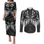 Maori Rugby Custom Ngaru Mangopare Couples Matching Puletasi and Long Sleeve Button Shirt Black Whetu Niho Taniwha Motif