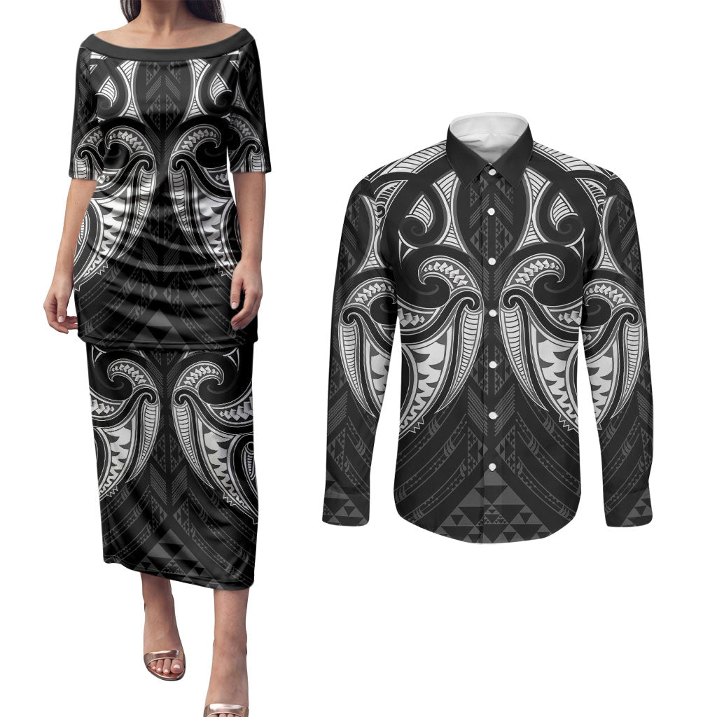 Maori Rugby Custom Ngaru Mangopare Couples Matching Puletasi and Long Sleeve Button Shirt Black Whetu Niho Taniwha Motif
