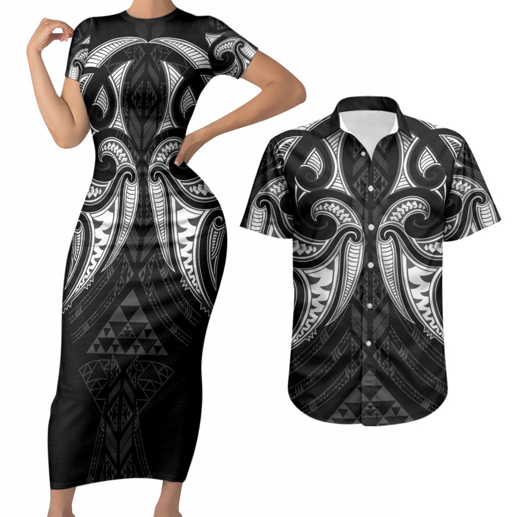 Maori Rugby Custom Ngaru Mangopare Couples Matching Short Sleeve Bodycon Dress and Hawaiian Shirt Black Whetu Niho Taniwha Motif