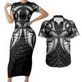 Maori Rugby Custom Ngaru Mangopare Couples Matching Short Sleeve Bodycon Dress and Hawaiian Shirt Black Whetu Niho Taniwha Motif