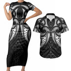 Maori Rugby Custom Ngaru Mangopare Couples Matching Short Sleeve Bodycon Dress and Hawaiian Shirt Black Whetu Niho Taniwha Motif
