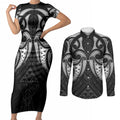 Maori Rugby Custom Ngaru Mangopare Couples Matching Short Sleeve Bodycon Dress and Long Sleeve Button Shirt Black Whetu Niho Taniwha Motif