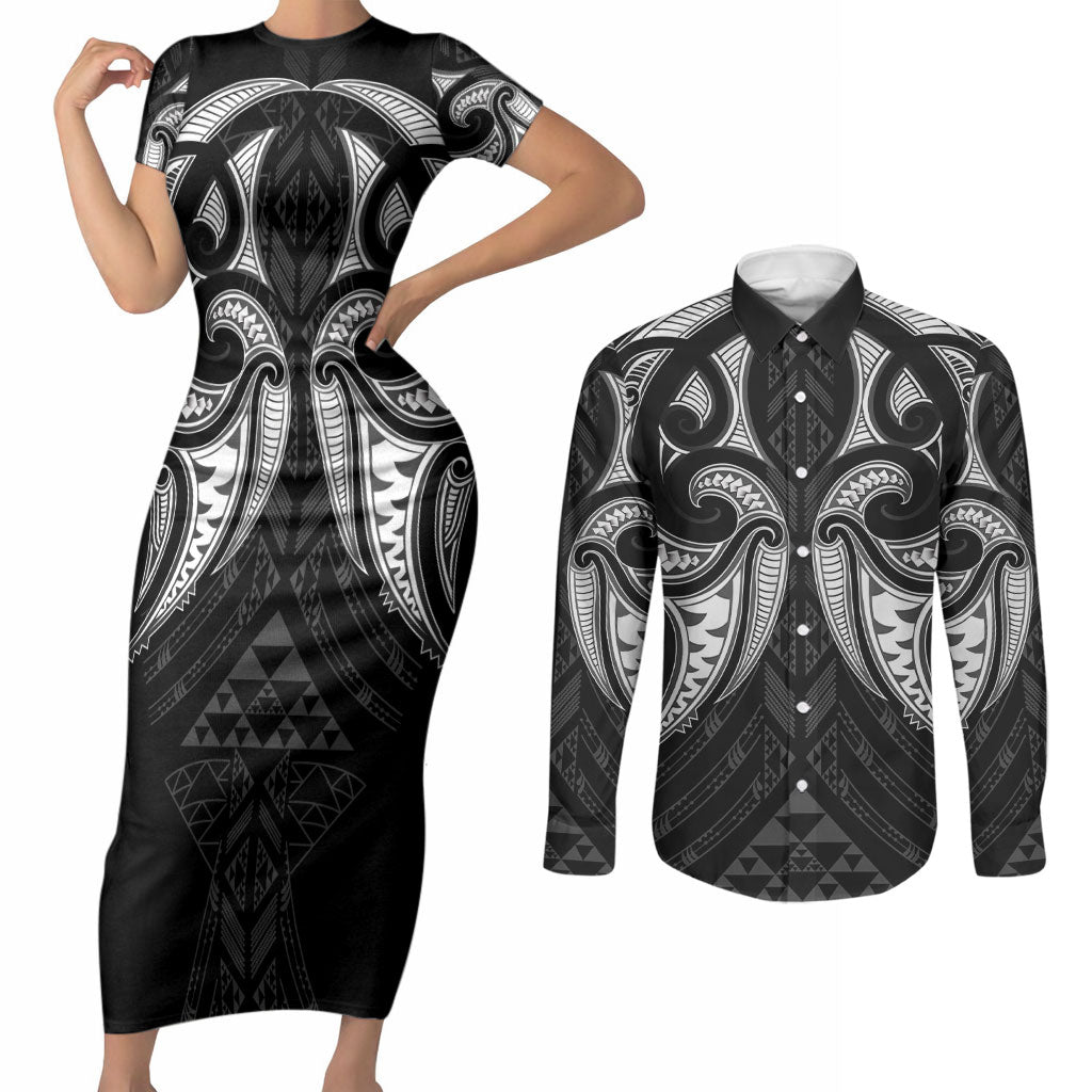 Maori Rugby Custom Ngaru Mangopare Couples Matching Short Sleeve Bodycon Dress and Long Sleeve Button Shirt Black Whetu Niho Taniwha Motif