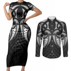 Maori Rugby Custom Ngaru Mangopare Couples Matching Short Sleeve Bodycon Dress and Long Sleeve Button Shirt Black Whetu Niho Taniwha Motif