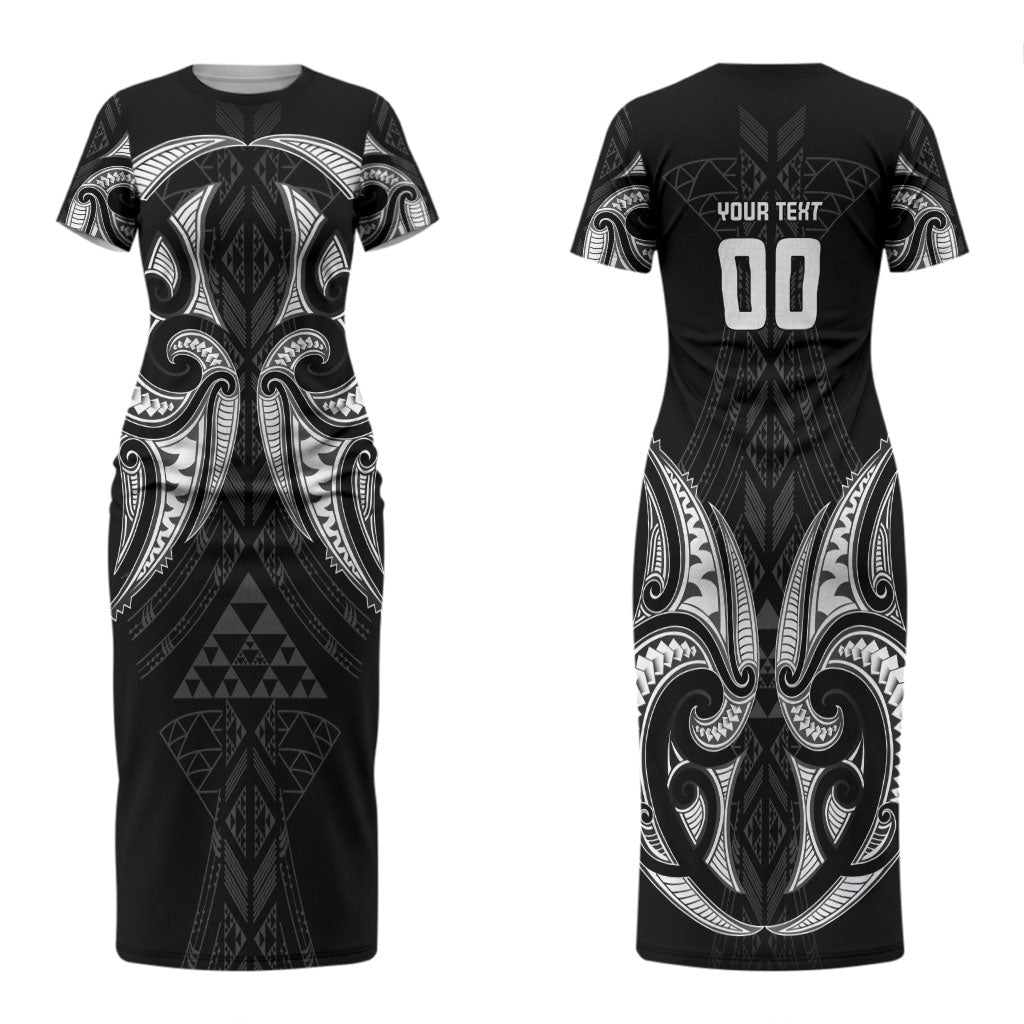 Maori Rugby Custom Ngaru Mangopare Couples Matching Short Sleeve Bodycon Dress and Long Sleeve Button Shirt Black Whetu Niho Taniwha Motif
