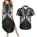 Maori Rugby Custom Ngaru Mangopare Couples Matching Summer Maxi Dress and Hawaiian Shirt Black Whetu Niho Taniwha Motif