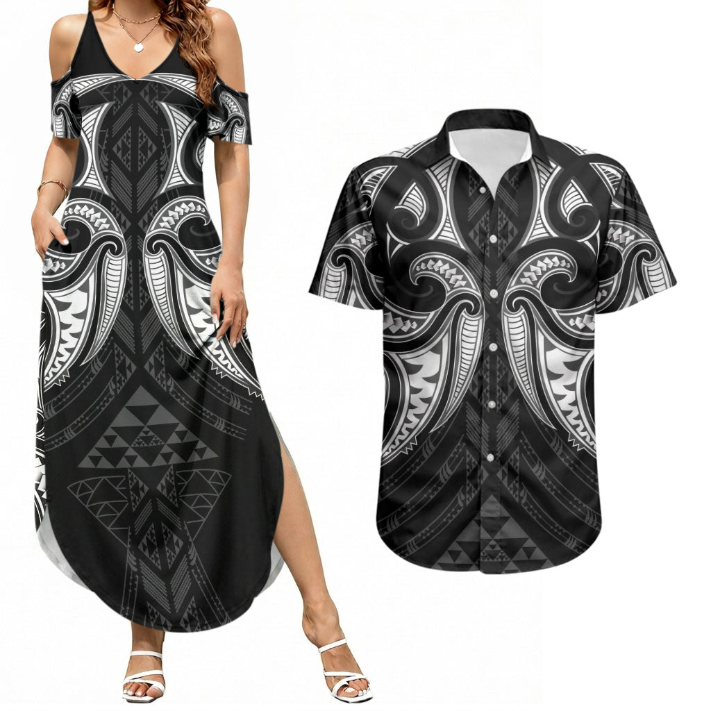 Maori Rugby Custom Ngaru Mangopare Couples Matching Summer Maxi Dress and Hawaiian Shirt Black Whetu Niho Taniwha Motif