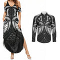 Maori Rugby Custom Ngaru Mangopare Couples Matching Summer Maxi Dress and Long Sleeve Button Shirt Black Whetu Niho Taniwha Motif