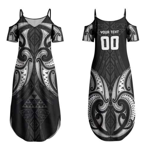 Maori Rugby Custom Ngaru Mangopare Couples Matching Summer Maxi Dress and Long Sleeve Button Shirt Black Whetu Niho Taniwha Motif