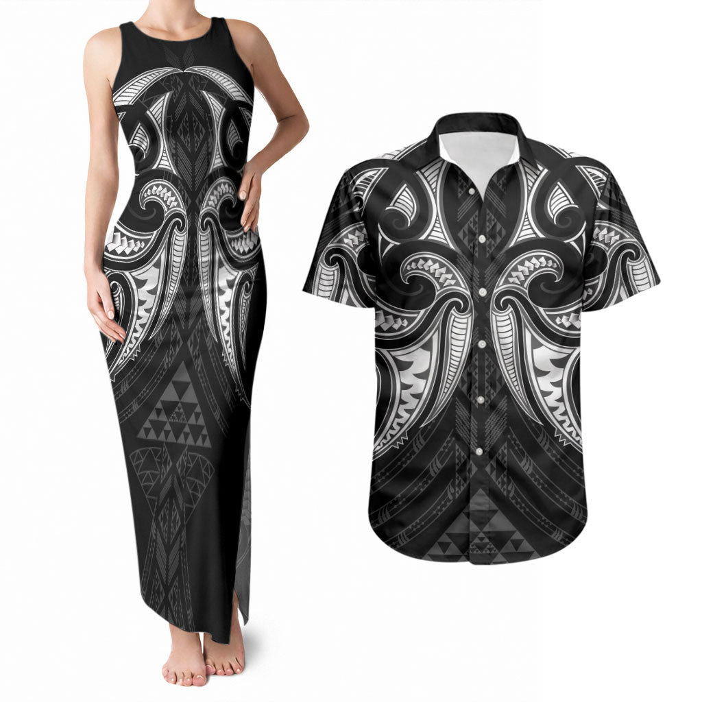 Maori Rugby Custom Ngaru Mangopare Couples Matching Tank Maxi Dress and Hawaiian Shirt Black Whetu Niho Taniwha Motif