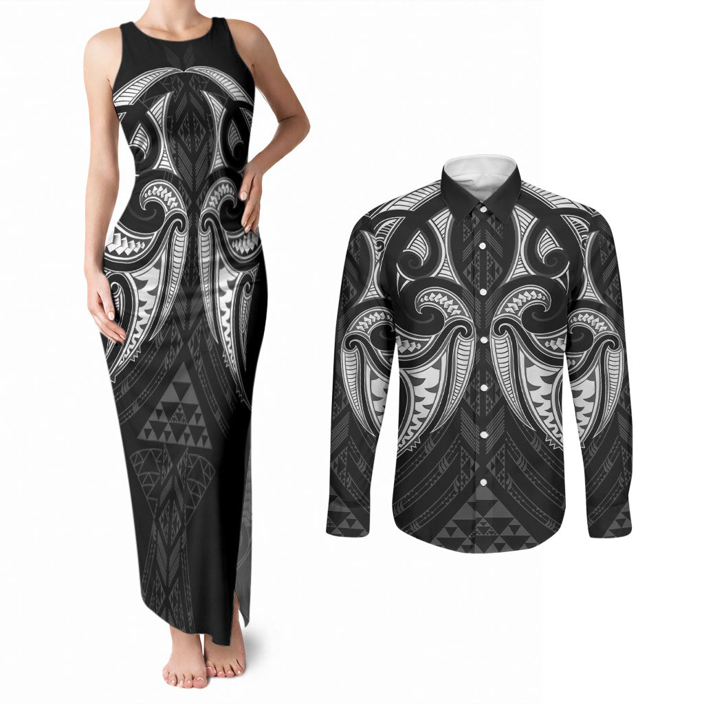Maori Rugby Custom Ngaru Mangopare Couples Matching Tank Maxi Dress and Long Sleeve Button Shirt Black Whetu Niho Taniwha Motif