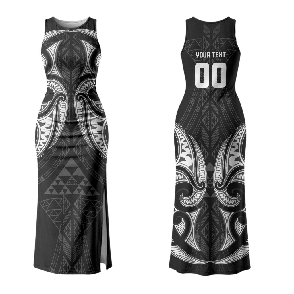 Maori Rugby Custom Ngaru Mangopare Couples Matching Tank Maxi Dress and Long Sleeve Button Shirt Black Whetu Niho Taniwha Motif