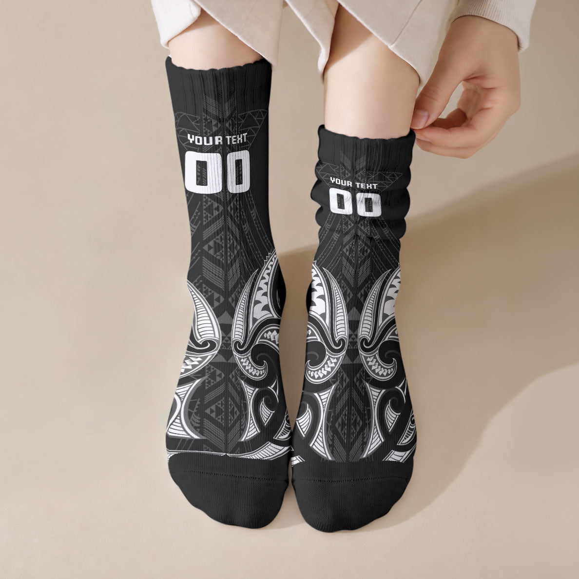 Maori Rugby Custom Ngaru Mangopare Crew Socks Black Whetu Niho Taniwha Motif