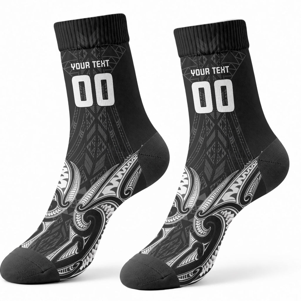 Maori Rugby Custom Ngaru Mangopare Crew Socks Black Whetu Niho Taniwha Motif
