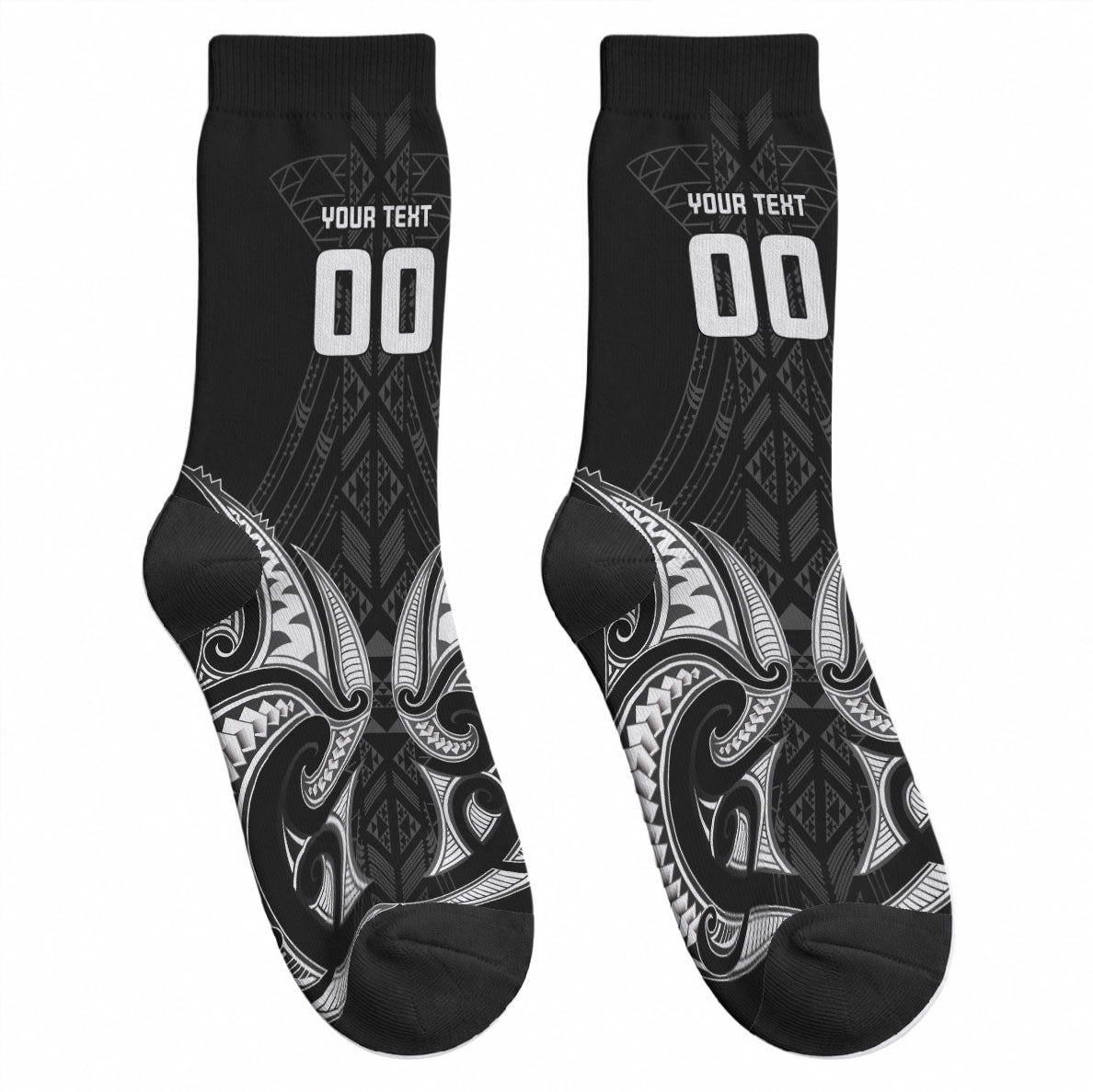 Maori Rugby Custom Ngaru Mangopare Crew Socks Black Whetu Niho Taniwha Motif