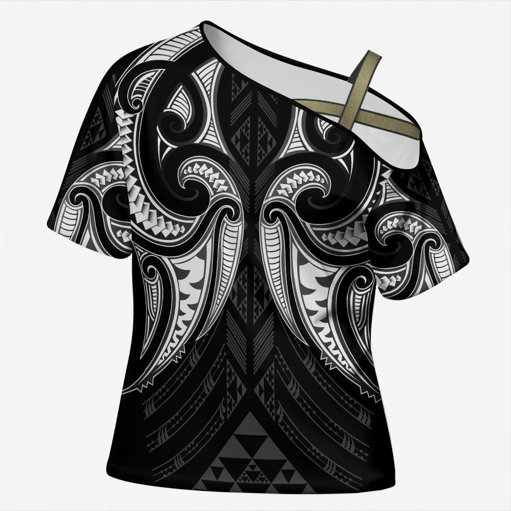 Maori Rugby Custom Ngaru Mangopare Cross Shoulder Shirt Black Whetu Niho Taniwha Motif