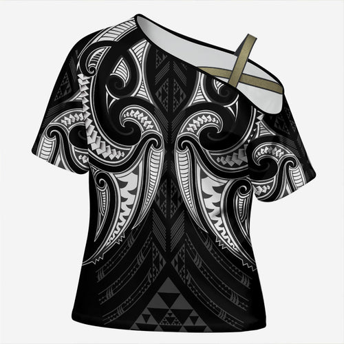 Maori Rugby Custom Ngaru Mangopare Cross Shoulder Shirt Black Whetu Niho Taniwha Motif