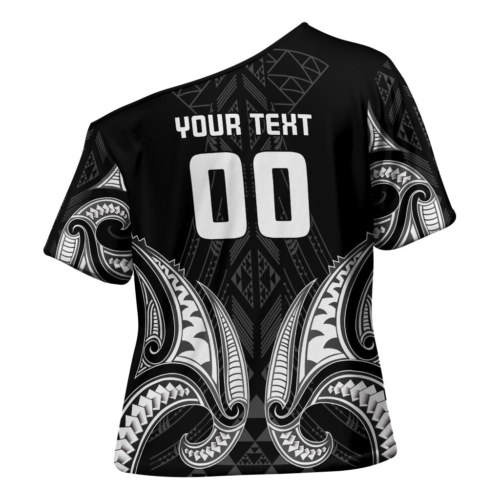 Maori Rugby Custom Ngaru Mangopare Cross Shoulder Shirt Black Whetu Niho Taniwha Motif