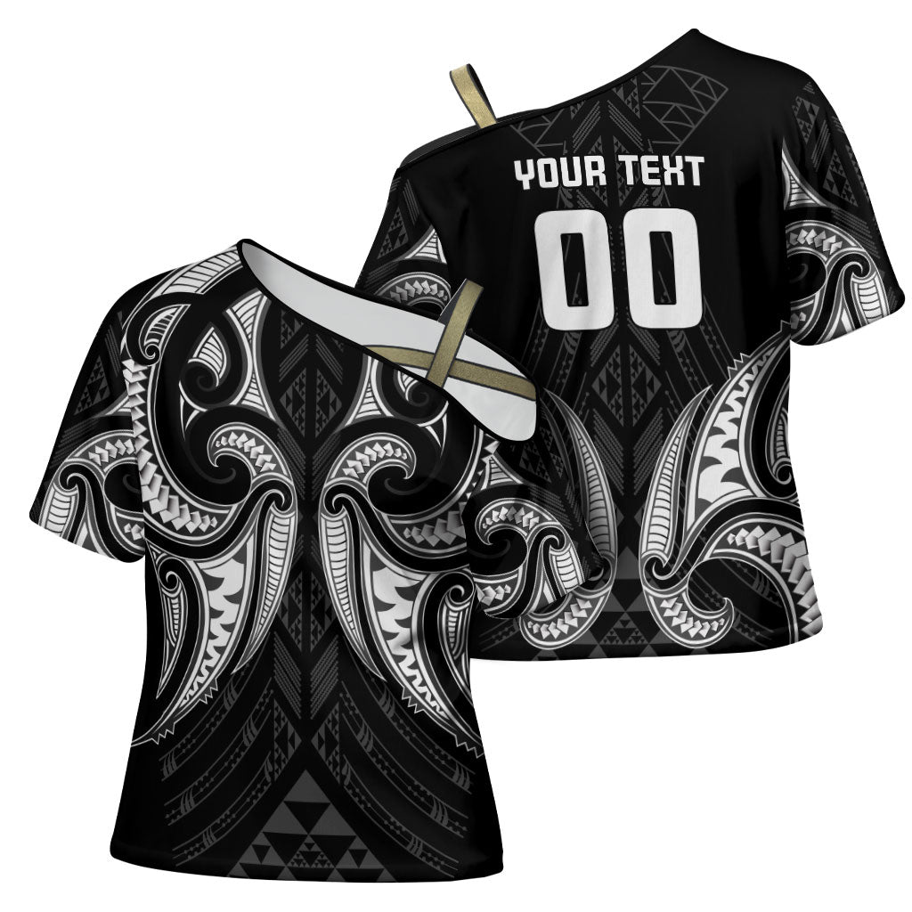 Maori Rugby Custom Ngaru Mangopare Cross Shoulder Shirt Black Whetu Niho Taniwha Motif