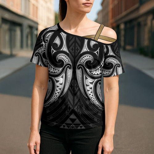 Maori Rugby Custom Ngaru Mangopare Cross Shoulder Shirt Black Whetu Niho Taniwha Motif