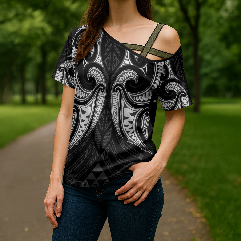 Maori Rugby Custom Ngaru Mangopare Cross Shoulder Shirt Black Whetu Niho Taniwha Motif
