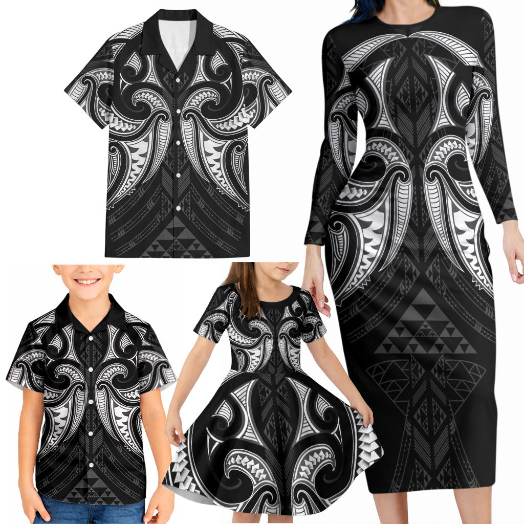 Maori Rugby Custom Ngaru Mangopare Family Matching Long Sleeve Bodycon Dress and Hawaiian Shirt Black Whetu Niho Taniwha Motif