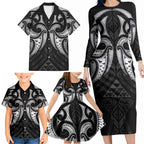 Maori Rugby Custom Ngaru Mangopare Family Matching Long Sleeve Bodycon Dress and Hawaiian Shirt Black Whetu Niho Taniwha Motif
