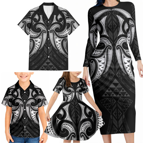 Maori Rugby Custom Ngaru Mangopare Family Matching Long Sleeve Bodycon Dress and Hawaiian Shirt Black Whetu Niho Taniwha Motif