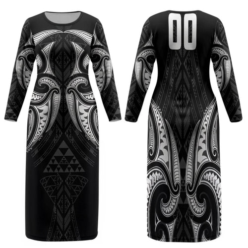 Maori Rugby Custom Ngaru Mangopare Family Matching Long Sleeve Bodycon Dress and Hawaiian Shirt Black Whetu Niho Taniwha Motif
