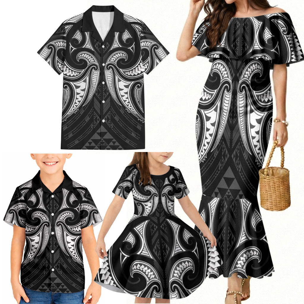 Maori Rugby Custom Ngaru Mangopare Family Matching Mermaid Dress and Hawaiian Shirt Black Whetu Niho Taniwha Motif
