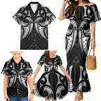 Maori Rugby Custom Ngaru Mangopare Family Matching Mermaid Dress and Hawaiian Shirt Black Whetu Niho Taniwha Motif