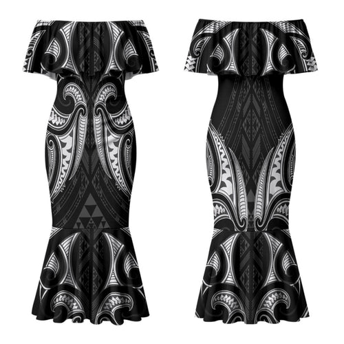 Maori Rugby Custom Ngaru Mangopare Family Matching Mermaid Dress and Hawaiian Shirt Black Whetu Niho Taniwha Motif