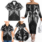 Maori Rugby Custom Ngaru Mangopare Family Matching Off The Shoulder Long Sleeve Dress and Hawaiian Shirt Black Whetu Niho Taniwha Motif